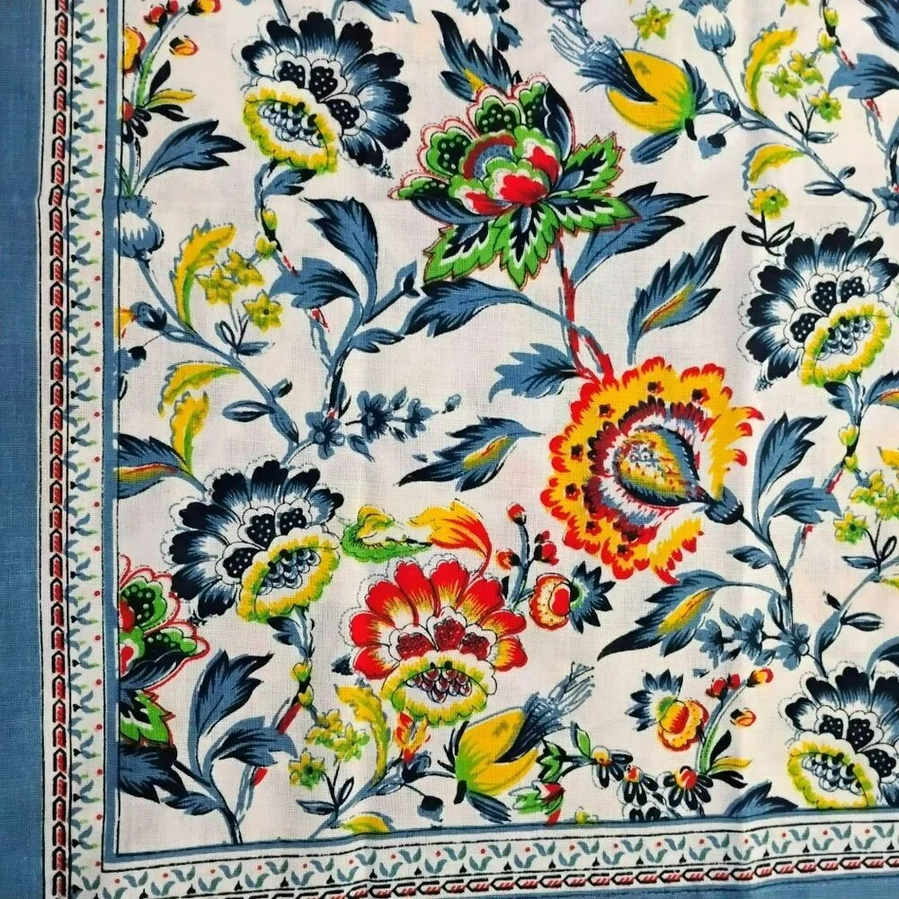 Linen Blend Floral Napkins, Set Of 4, Blue Border, Cotton Colorful Flowers 20x20